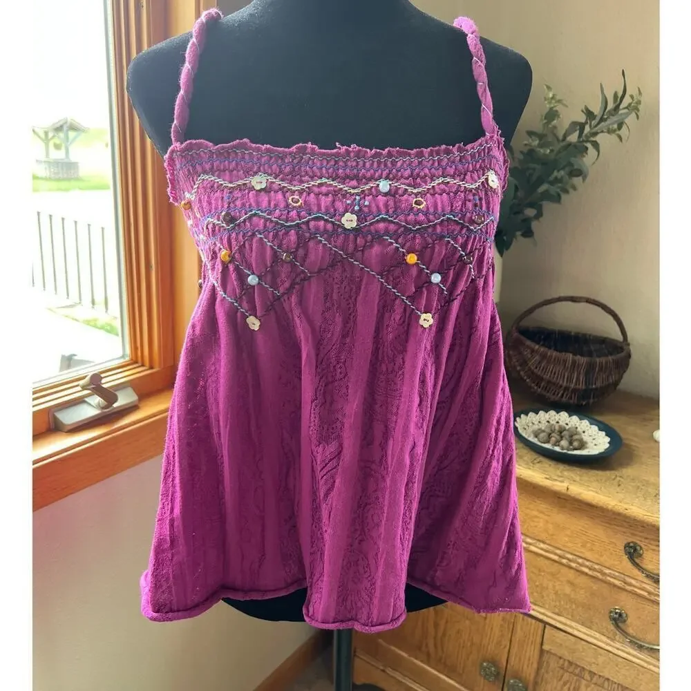 Free People magenta elastic strap top with bead detail, women's size S